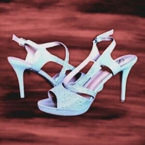 Christmas L LORRAINE HEELS Silver GEM SPARKLE Ankle Straps Size 8 1/2 Womens